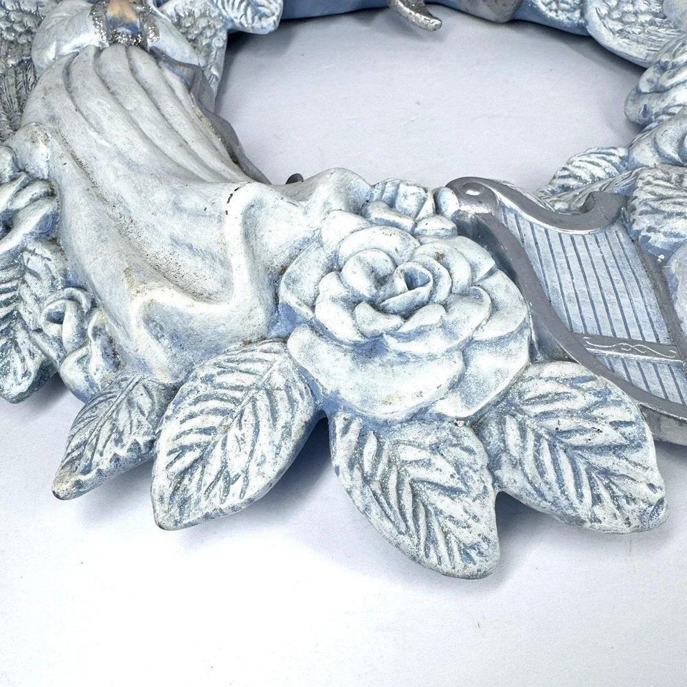 Large‎ Praying Angel Wreath Wall Plaque Blue Roses Harp Religious Decor 15
